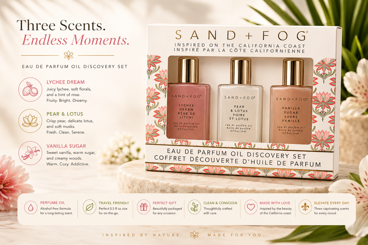SAND + FOG Lychee Dream / Pear & Lotus / Vanilla Sugar 3-piece rectangular roller set | 3 x 15 mL