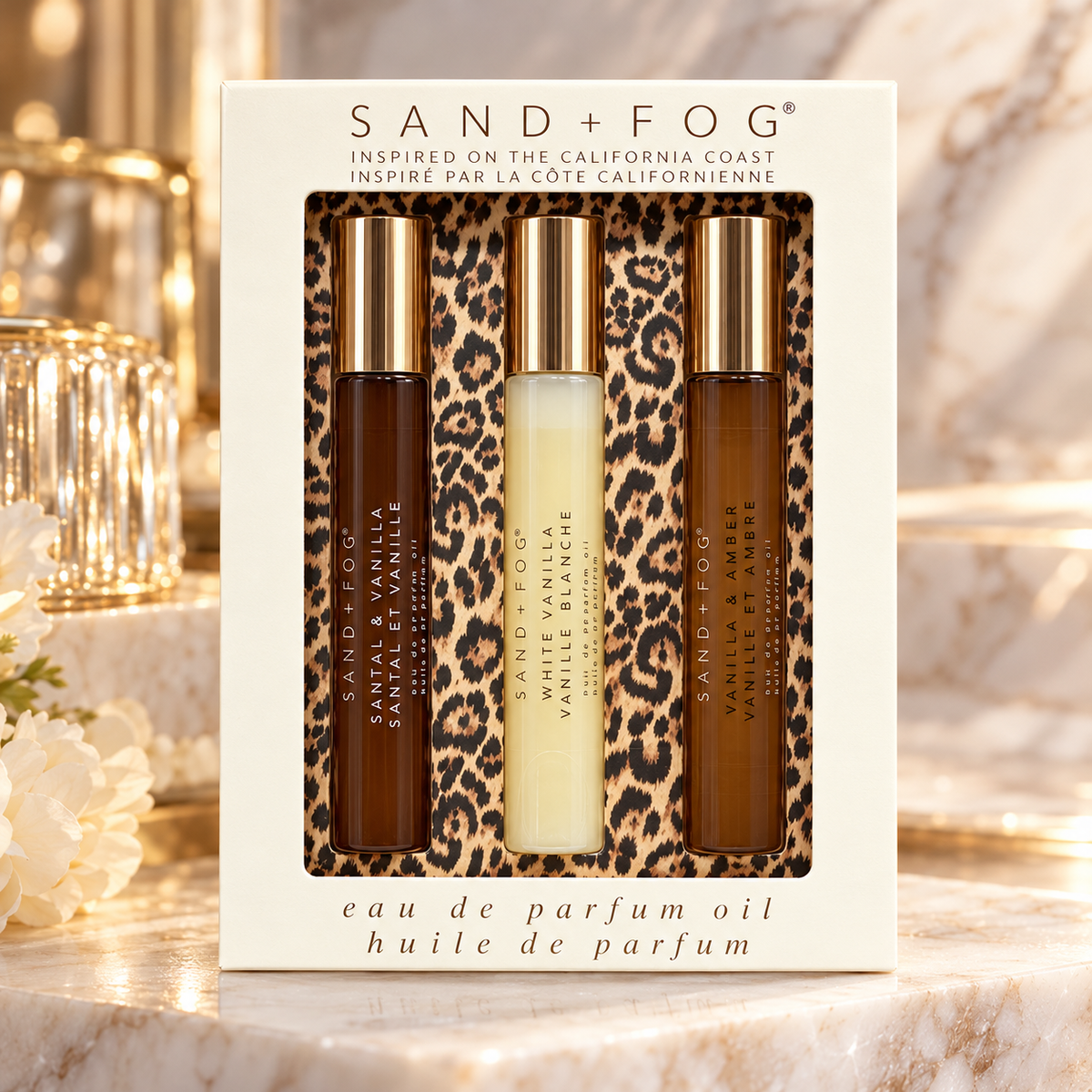 SAND + FOG Santal & Vanilla / White Vanilla / Vanilla & Amber 3-piece roller set | 3 x 10 mL