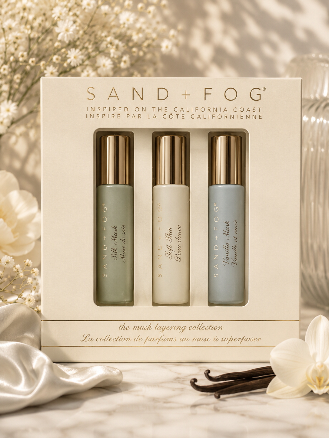 SAND + FOG Silk Musk / Soft Skin / Vanilla Musk 3-piece roller set | 3 x 10 mL