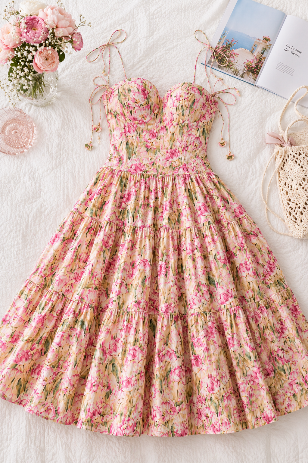 En Saison Arya Floral Tea-Length Dress — Cantaloupe Pink 🌷